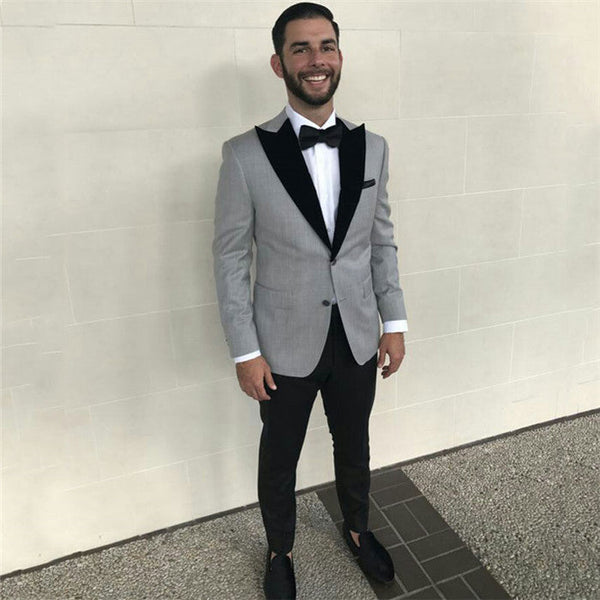 The Bespoke Peaked Lapel Single Breasted Men Suit is an essential part of any wardrobe. Whether you need a sharp business suit, a Custom design black tie evening look or a wedding or prom suit, you will find the perfect fit in Ballbella collection.made this Formal Grey Slim Fit Business Mens Suits with Black Peaked Lapel with rush order service.
