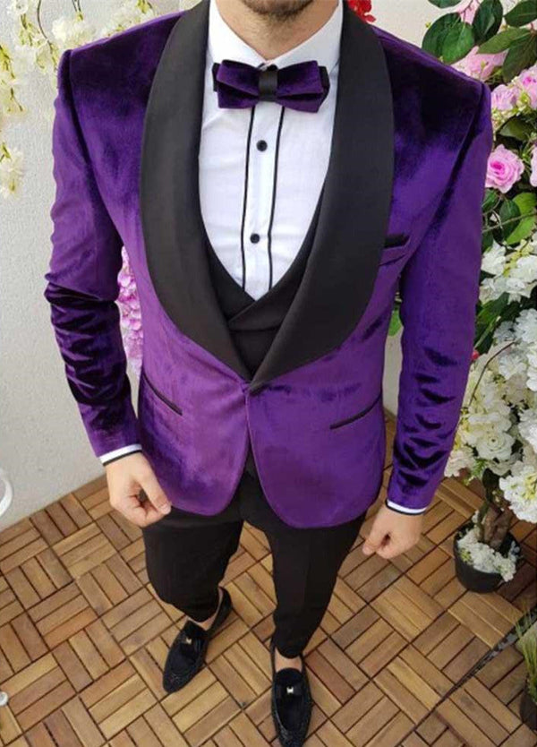 Formal Party Dress Outfit Men's Wear Purple Black Shawl Lapel Velvet Smoking Tuxedos