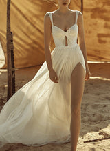 Front Split Chic A-line V-Neck Backless Pleated Tulle Wedding Dresses-Ballbella