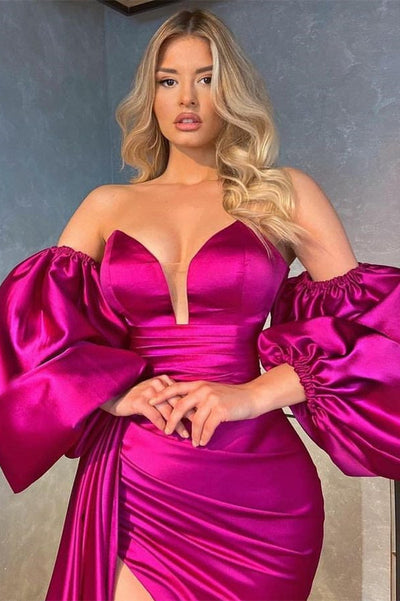 Fuchsia Detachable Sleeves Mermaid Prom Dress Slit with Ruffles