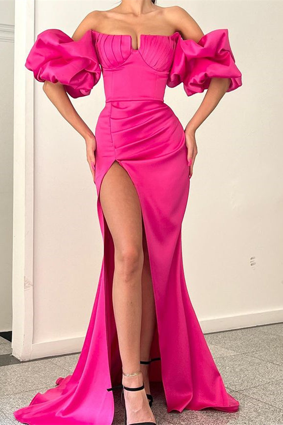 Fuchsia Off-the-shoulder Bubble Sleeves High split Long Mermaid Prom Dress-Ballbella