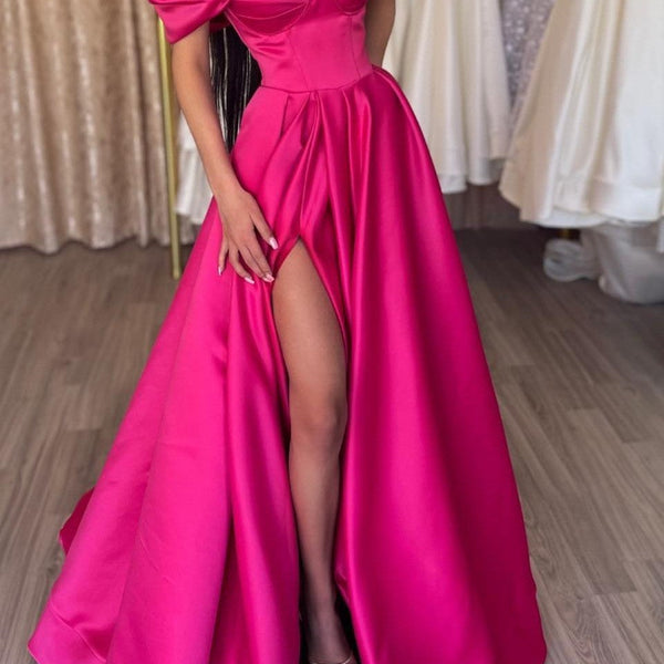 Fuchsia Off-the-Shoulder Prom Dress Long Split V-Neck Fuchsia Off-the-Shoulder Prom Dress Long Split V-Neck