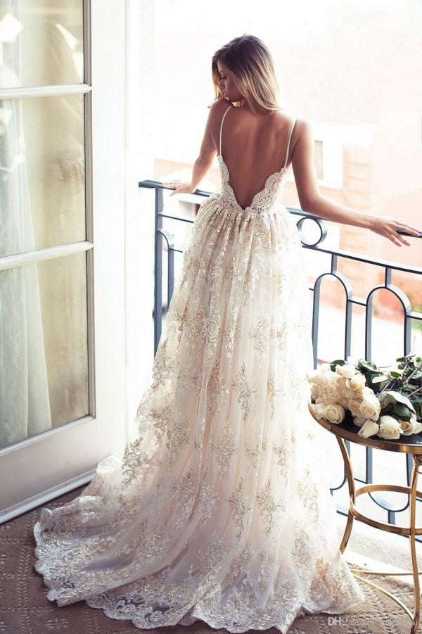 Full Lace Open Back Wedding Dresses Modern Spaghetti Straps Summer