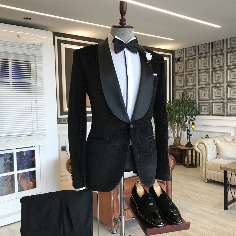 Ballbella is your ultimate source for Gentle Black Velvet Shawl Lapel With One Button Slim Fit Wedding Suits. Our Black Shawl Lapel wedding groom Men Suits come in Bespoke styles &amp; colors with high quality and free shipping.