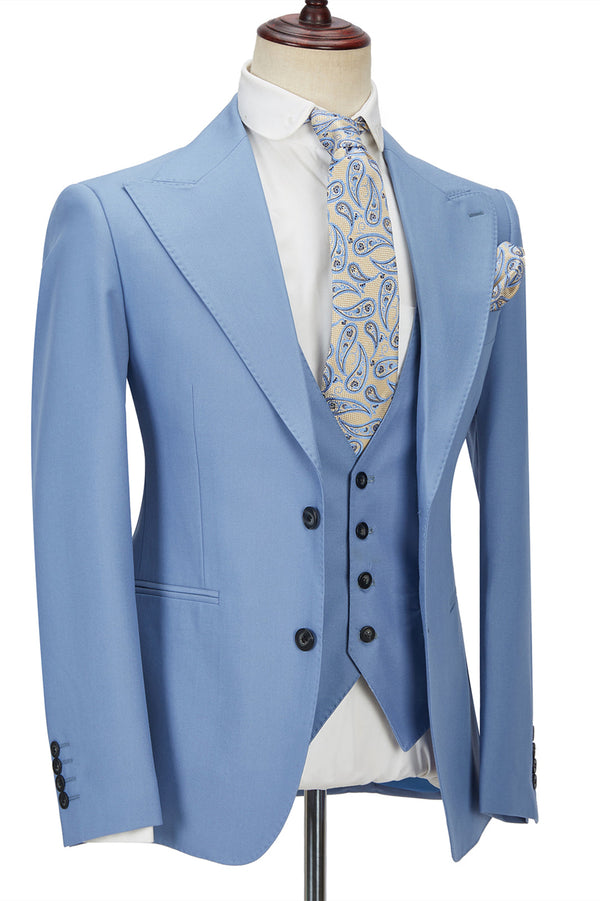 Gentle Blue Peak Lapel Men Suit Three-piece Men Formal Suit without Flap-Ballbella