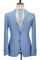 Gentle Blue Peak Lapel Men Suit Three-piece Men Formal Suit without Flap-Ballbella