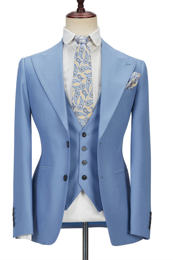 Gentle Blue Peak Lapel Men Suit Three-piece Men Formal Suit without Flap-Ballbella
