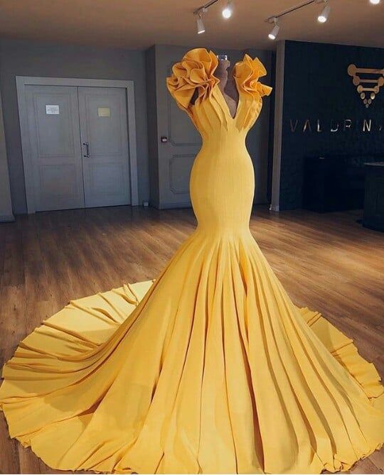 Wanna Prom Dresses, Real Model Series in Mermaid style,  and delicate  work? Ballbella has all covered on this elegant Ginger Yellow Fit and Flare Prom Dresses Ruffles Court Train Wholesale Evening Gowns yet cheap price.