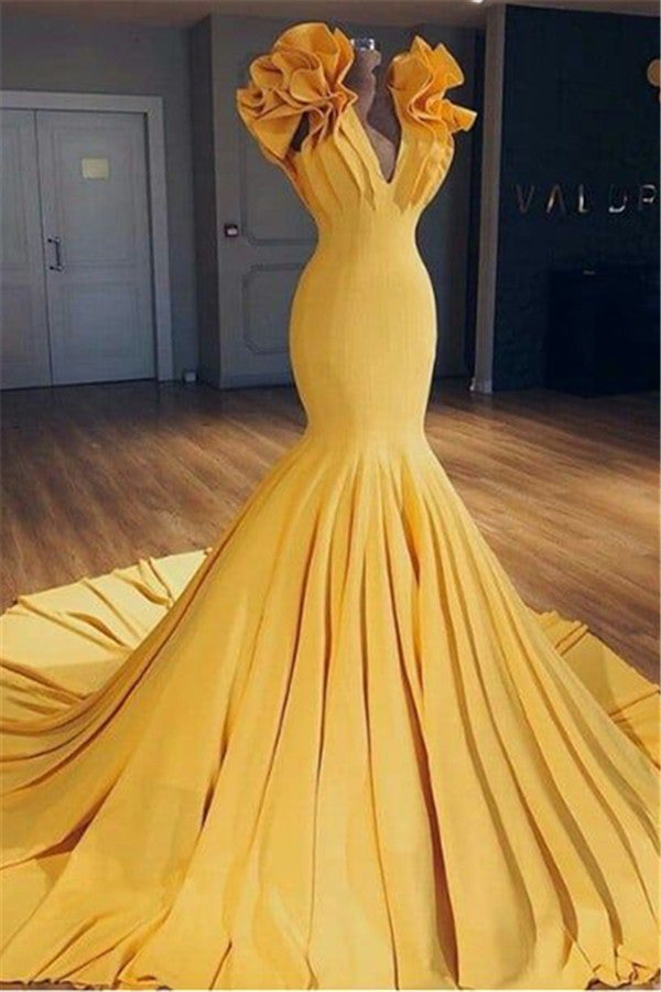 Wanna Prom Dresses, Real Model Series in Mermaid style,  and delicate  work? Ballbella has all covered on this elegant Ginger Yellow Fit and Flare Prom Dresses Ruffles Court Train Wholesale Evening Gowns yet cheap price.