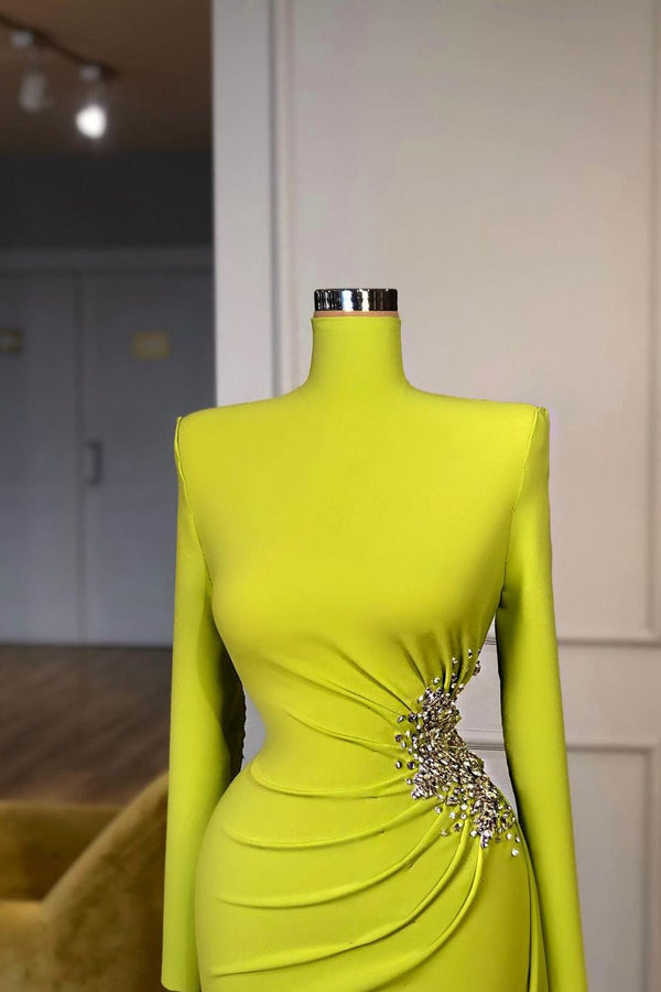Ginger yellow High-neck Long-sleeves Metallic Beaded Mermaid Prom Dress-Ballbella