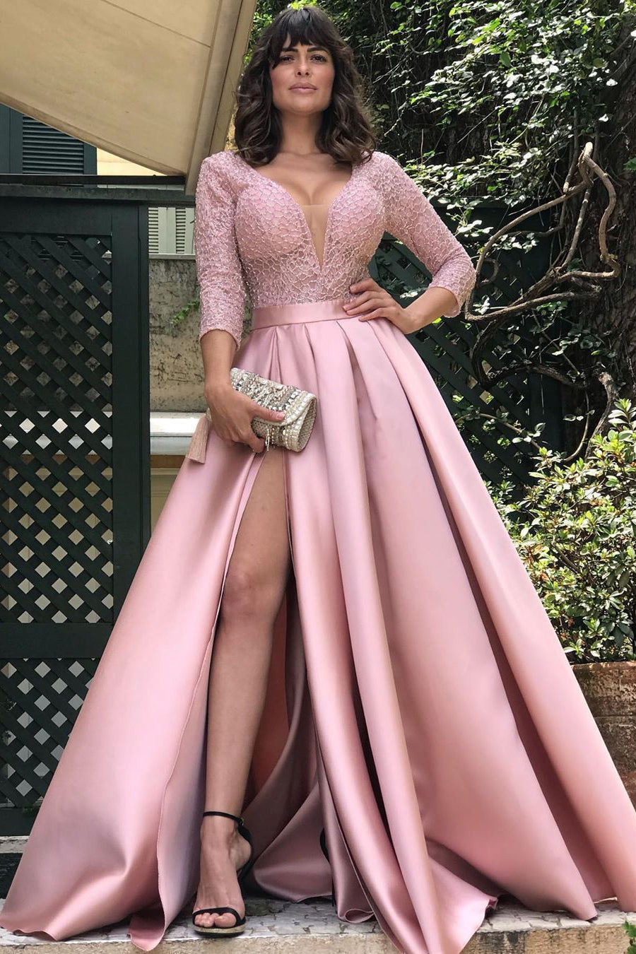 Glamorous 3/4 Sleeves Lace Prom Dress Long With Slit Online Glamorous 3/4 Sleeves Lace Prom Dress Long With Slit Online