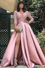Glamorous 3/4 Sleeves Lace Prom Dress Long With Slit Online-Ballbella