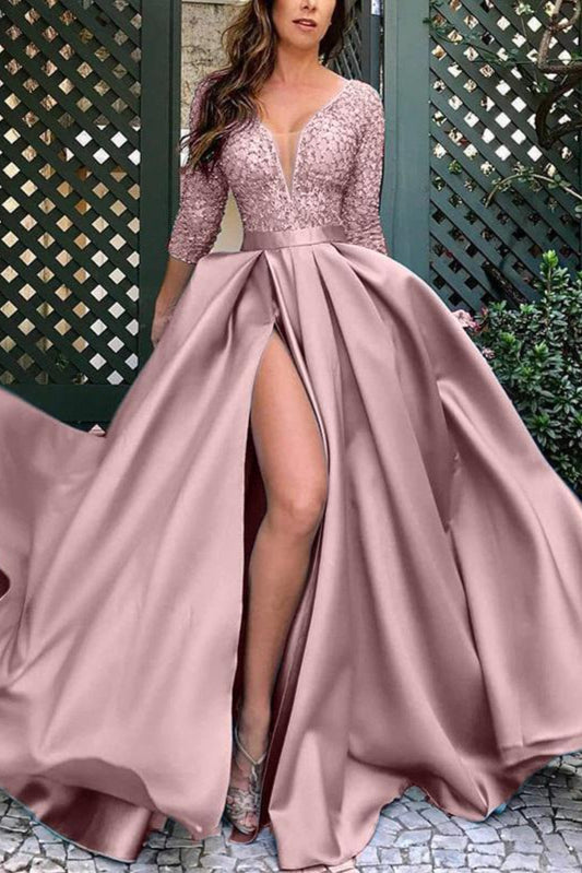 Glamorous 3/4 Sleeves Lace Prom Dress Long With Slit Online-Ballbella