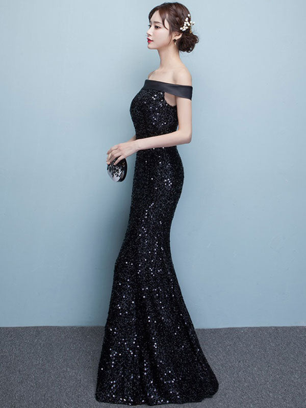 Glamorous Black Evening Dress Lace Sequin Bateau Mermaid Formal Dress Off The Shoulder Floor Length Occasion Dress wedding guest dress-Ballbella