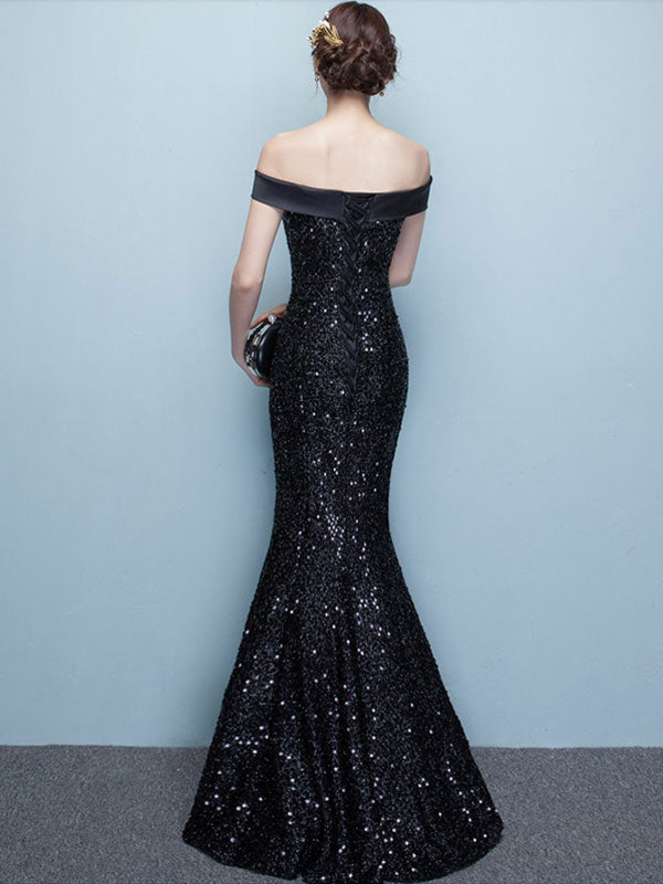 Glamorous Black Evening Dress Lace Sequin Bateau Mermaid Formal Dress Off The Shoulder Floor Length Occasion Dress wedding guest dress-Ballbella