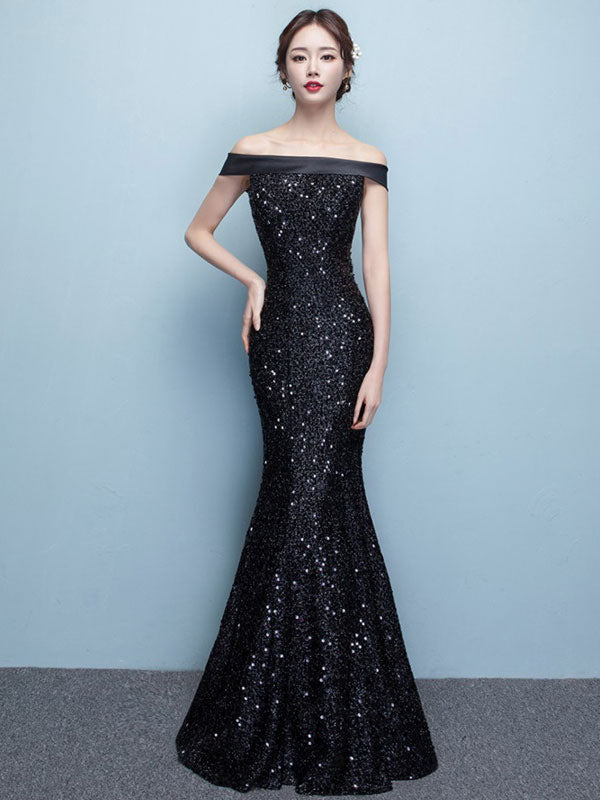 Glamorous Black Evening Dress Lace Sequin Bateau Mermaid Formal Dress Off The Shoulder Floor Length Occasion Dress wedding guest dress-Ballbella