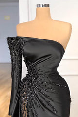 Glamorous Black Long Sleeve One Shoulder Prom Dress Beadings Evening Gowns-Ballbella