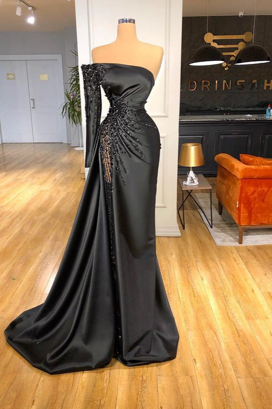 Glamorous Black Long Sleeve One Shoulder Prom Dress Beadings Evening Gowns-Ballbella