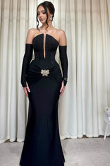 Glamorous Black Strapless Satin Mermaid Prom Dresses Sheath Detachable Sleeves With Pleats-Ballbella