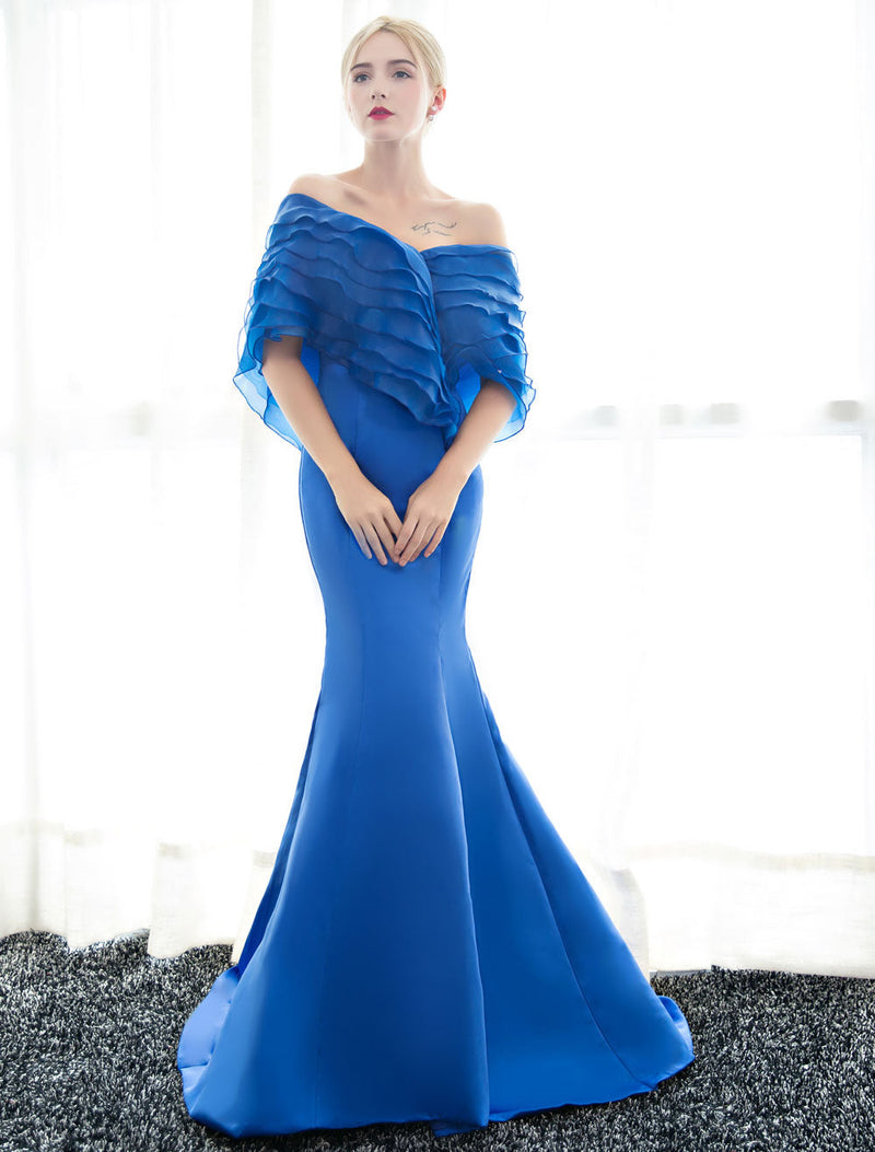 Glamorous Blue Evening Dresses Off Shoulder Mermaid Evening Gown Pleated Satin Formal Dress With Train wedding guest Dress Glamorous Blue Evening Dresses Off Shoulder Mermaid Evening Gown Pleated Satin Formal Dress With Train wedding guest Dress