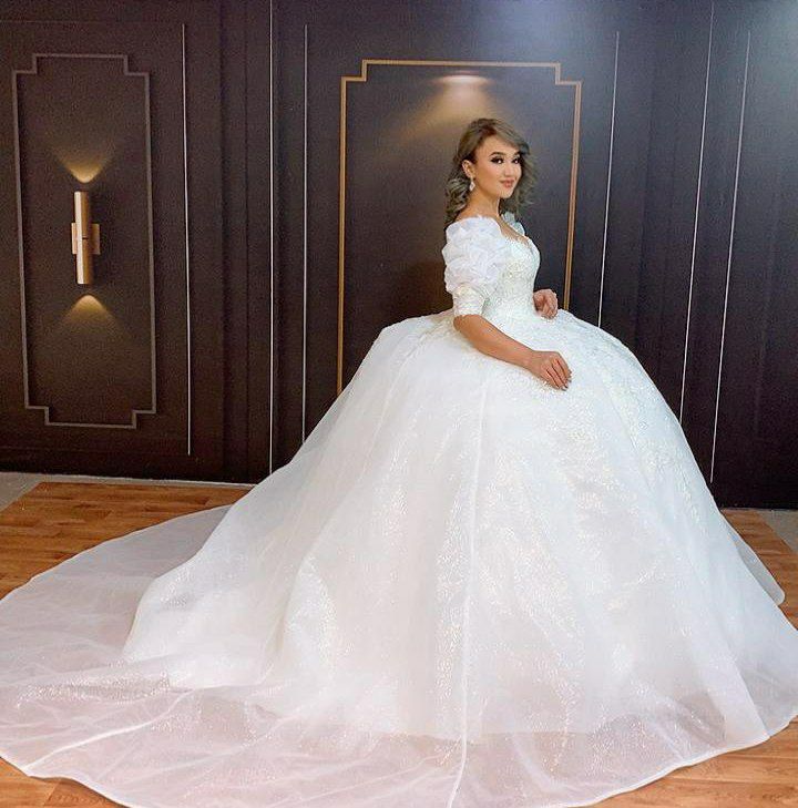 Glamorous Bubble Sleeves Vintage Ball Gown Wedding Dress With Lace Appliques-Ballbella