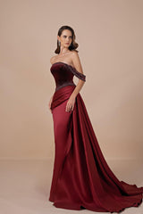 Glamorous Burgundy Off-The-Shoulder Satin Prom Dresses Mermaid Beads With Zipper Ruffles-Ballbella