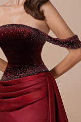 Glamorous Burgundy Off-The-Shoulder Satin Prom Dresses Mermaid Beads With Zipper Ruffles-Ballbella