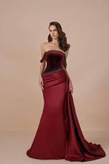 Glamorous Burgundy Off-The-Shoulder Satin Prom Dresses Mermaid Beads With Zipper Ruffles-Ballbella