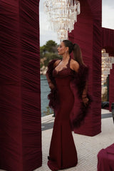 Glamorous Burgundy Sweetheart Halter Satin Prom Dress Mermaid Lace With Gloves-Ballbella