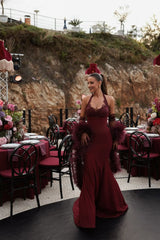 Glamorous Burgundy Sweetheart Halter Satin Prom Dress Mermaid Lace With Gloves-Ballbella