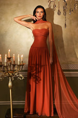 Glamorous Burnt Orange Sweetheart Strapless Sleeveless Chiffon Prom Dresses A-Line With Pleats-Ballbella