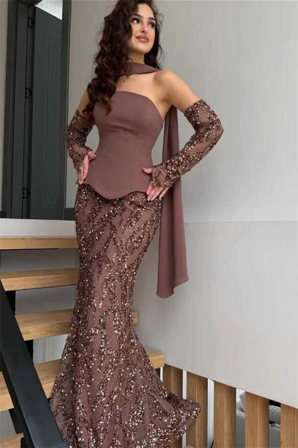 chocolate evening dresses Glamorous Strapless Sequins Mermaid Prom Sheath With Zipper Gloves maternity dress with sleeves Black Mid-Century Dresser | this dress is a Color:Black/Hot Pink