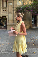 Glamorous Daffodil Halter V-Neck Chiffon Homecoming Dress Sleeveless Backless Mini A-Line With Ruffle-Ballbella
