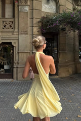Glamorous Daffodil Halter V-Neck Chiffon Homecoming Dress Sleeveless Backless Mini A-Line With Ruffle-Ballbella