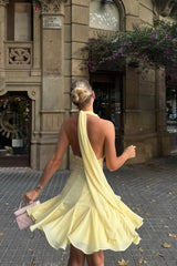 Glamorous Daffodil Halter V-Neck Chiffon Homecoming Dress Sleeveless Backless Mini A-Line With Ruffle-Ballbella