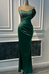 Glamorous Dark Green One Shoulder Satin Prom Dresses Mermaid Sheath With Gem-Ballbella