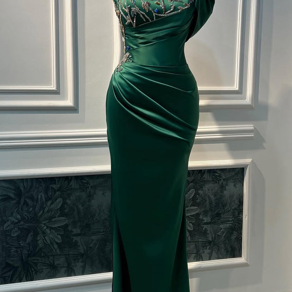 dark green gala dress Glamorous One Shoulder Satin Prom Dresses Mermaid Sheath With Gem Petite