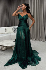 Glamorous Dark Green Strapless Sleeveless V-Neck Prom Dress A-Line Long With Pleats-Ballbella