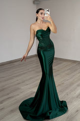Glamorous Dark Green Sweetheart Satin Prom Dress Sleeveless Mermaid With Beads Pleats-Ballbella