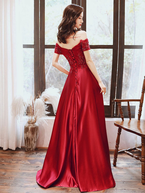 Glamorous Evening Dress A-Line Bateau Neck Floor-Length Short Sleeves Lace-up Beaded Matte Satin evening dress-Ballbella