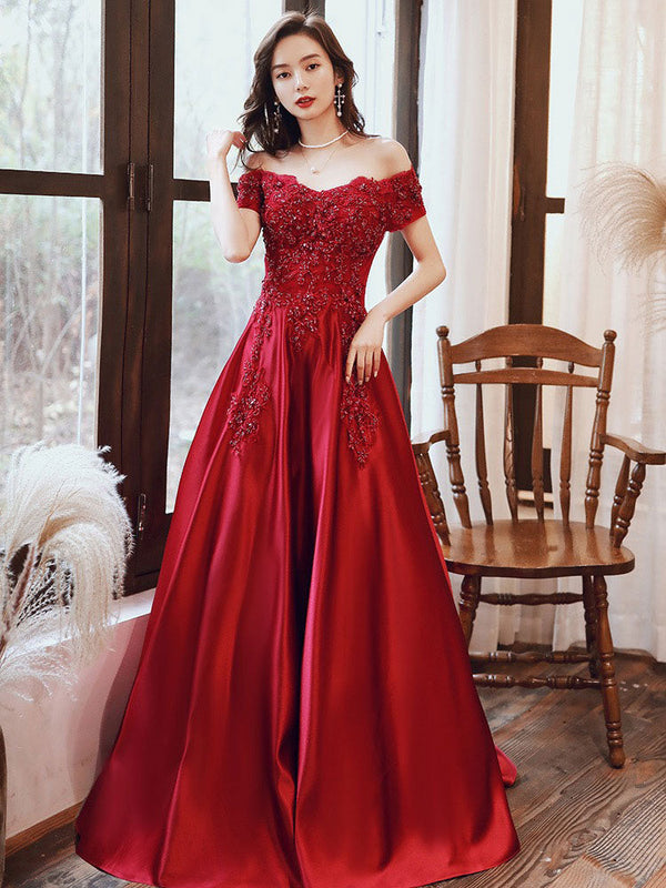 Glamorous Evening Dress A-Line Bateau Neck Floor-Length Short Sleeves Lace-up Beaded Matte Satin Evening Dress Glamorous Evening Dress A-Line Bateau Neck Floor-Length Short Sleeves Lace-up Beaded Matte Satin Evening Dress