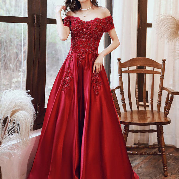 bateau formal dress Glamorous Evening A-Line Neck Floor-Length Short Sleeves Lace-up Beaded Matte Satin Evening Dress Men's Fashion Studs