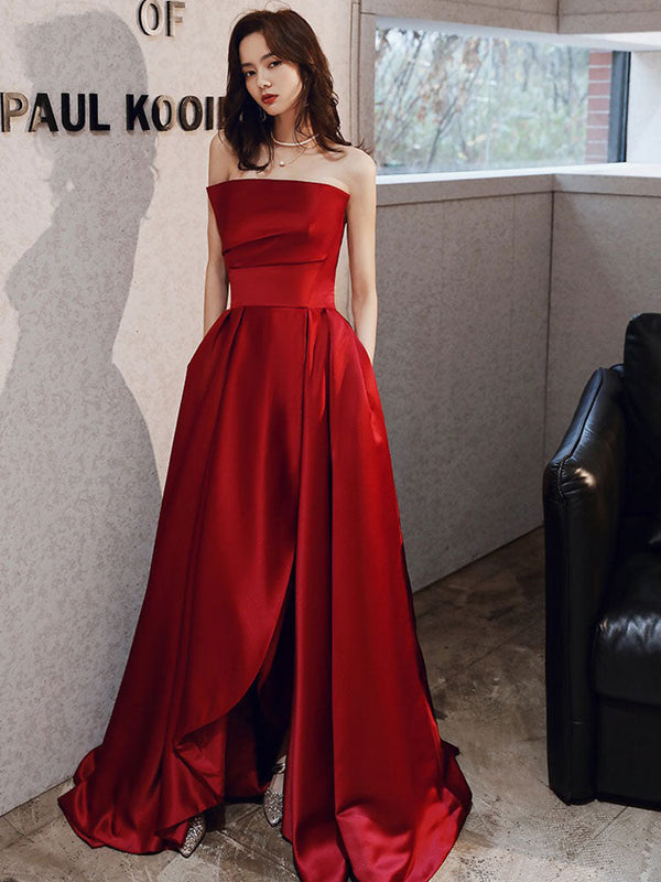 statin formal dress Glamorous Evening Dress A-Line Strapless Satin Fabric Floor-Length Pleated Social Evening Dress