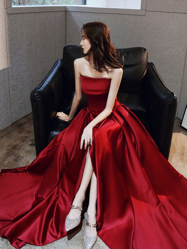 Evening Dress A-Line Strapless Satin Fabric Floor-Length Pleated Social evening dress