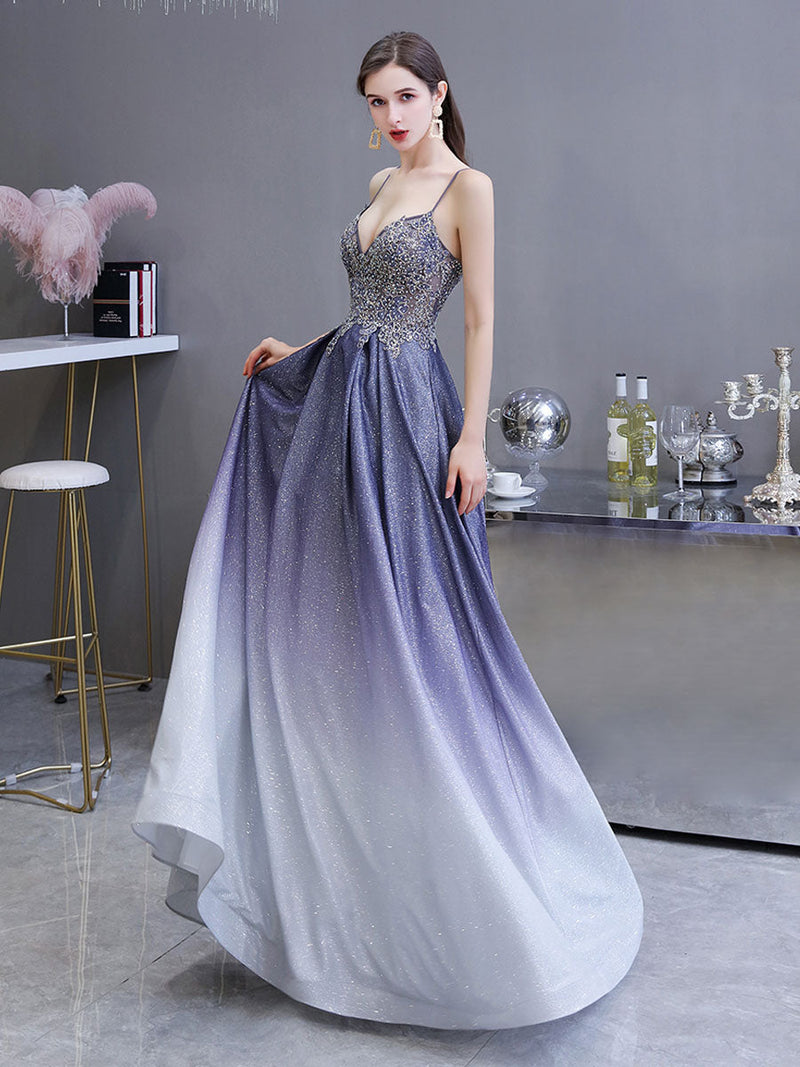 Glamorous evening dress A Line Sweetheart Neck Straps Sleeveless Metallic Gradient Color Floor Length Formal Party Dresses