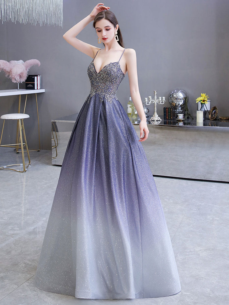 evening dress A Line Sweetheart Neck Straps Sleeveless Metallic Gradient Color Floor Length Formal Party Dresses