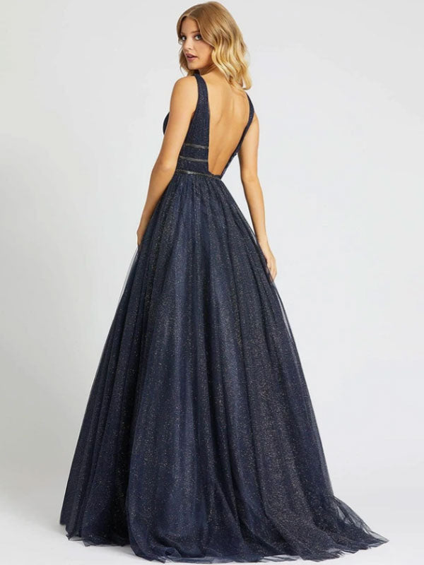 Evening Dress Princess Silhouette V-Neck Sleeveless Backless Sequins Tulle Social Party Dresses