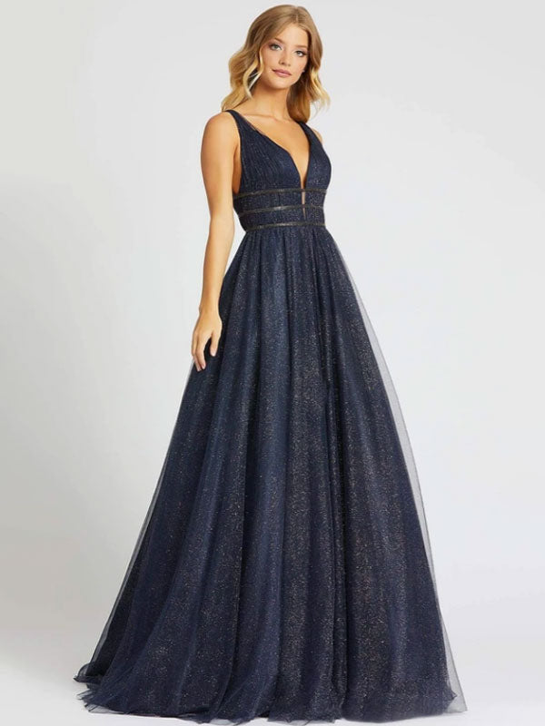 Evening Dress Princess Silhouette V-Neck Sleeveless Backless Sequins Tulle Social Party Dresses