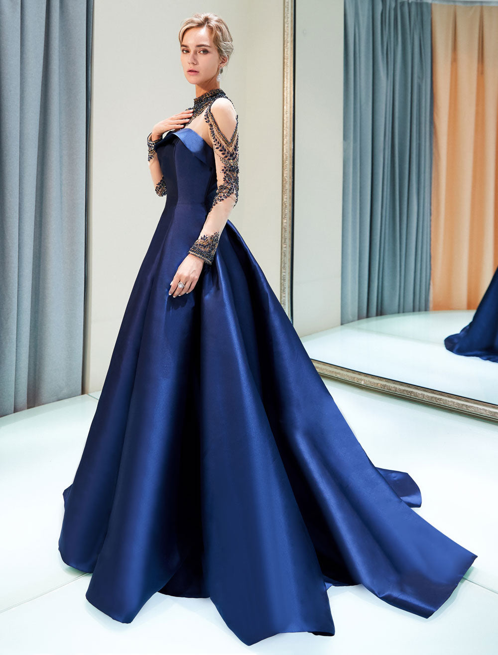 Glamorous Evening Dresses Luxury Dark Navy Satin A Line Long Sleeve Lace Illusion High Collar Quinceanera Dress Glamorous Evening Dresses Luxury Dark Navy Satin A Line Long Sleeve Lace Illusion High Collar Quinceanera Dress