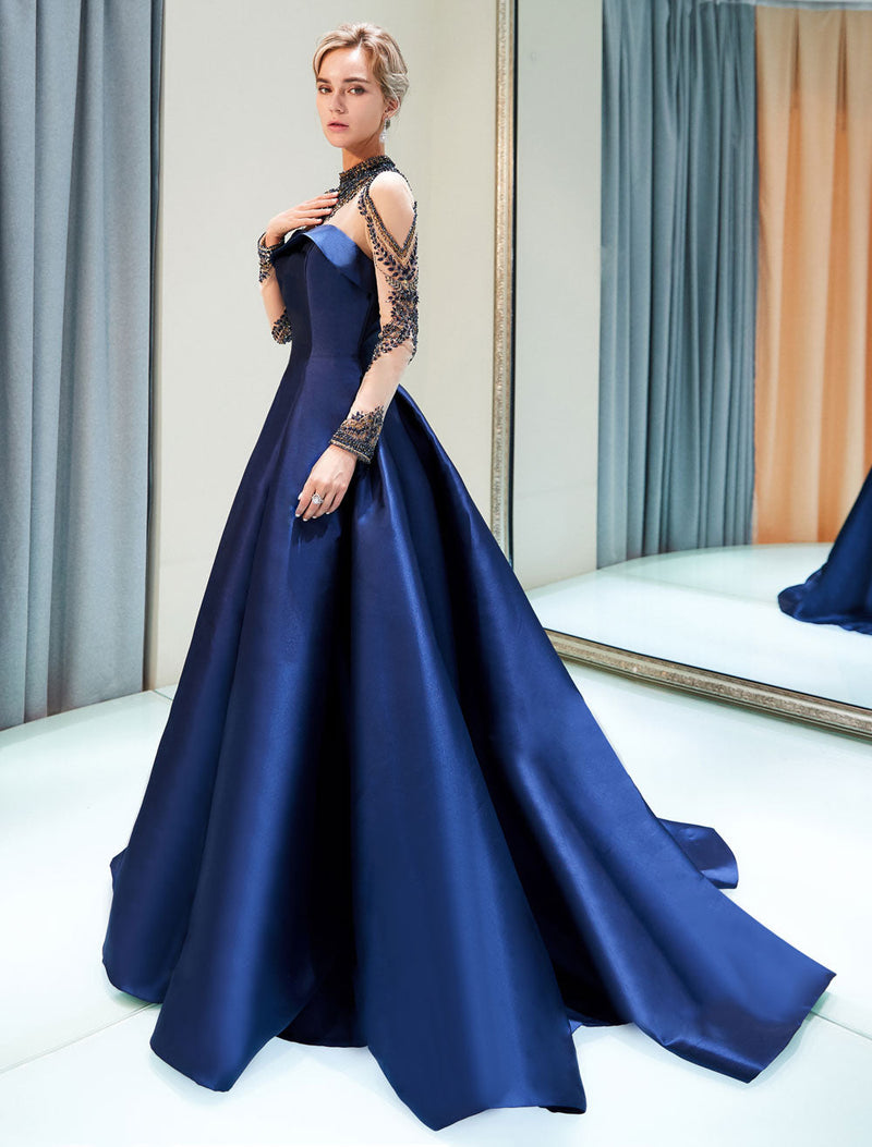 Glamorous Evening Dresses Luxury Dark Navy Satin A Line Long Sleeve Lace Illusion High Collar Quinceanera Dress Glamorous Evening Dresses Luxury Dark Navy Satin A Line Long Sleeve Lace Illusion High Collar Quinceanera Dress